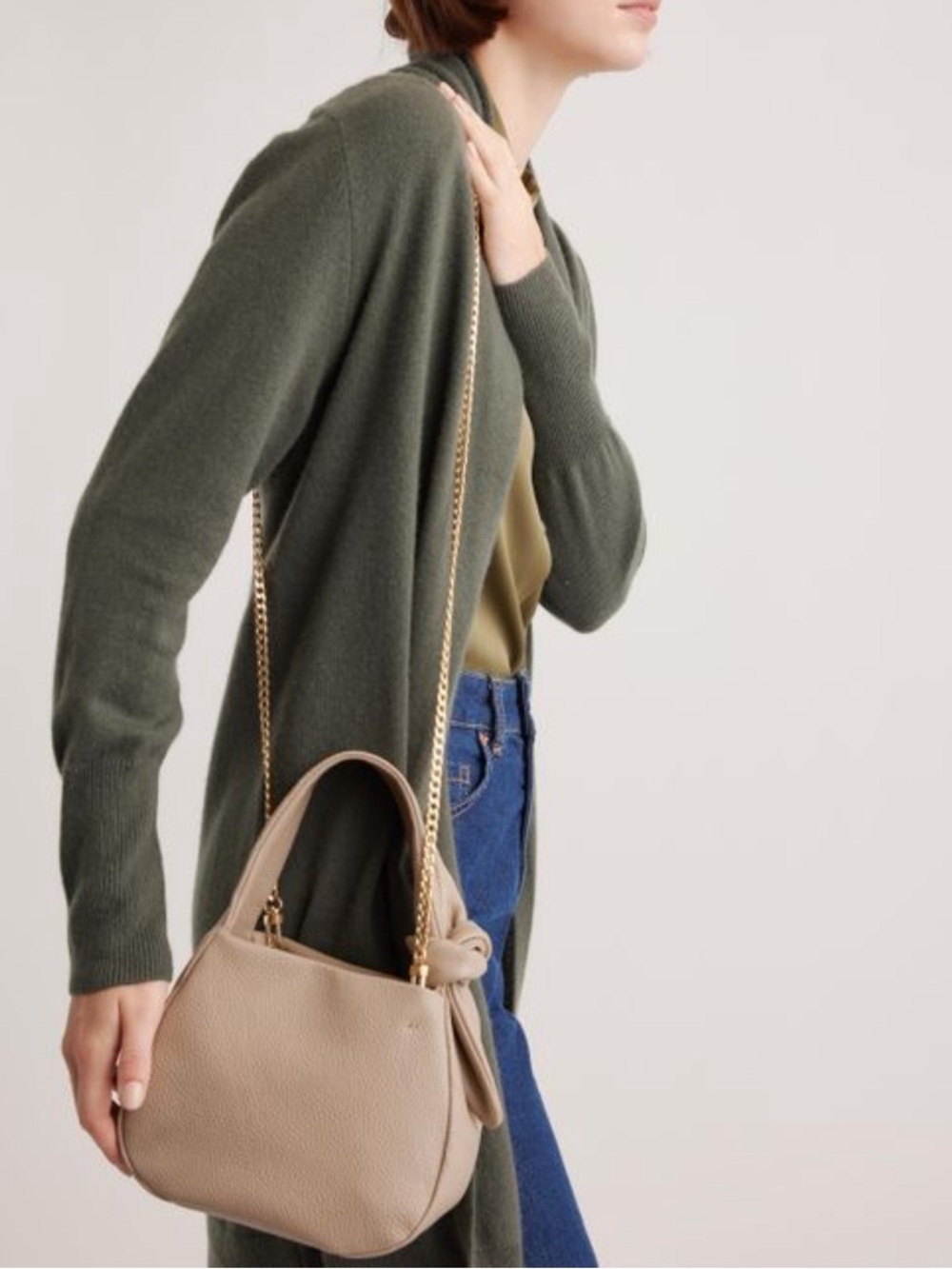 QUINCE Italian Leather Mini Bow Bag in Taupe - Picture 3 of 10